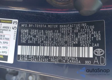 2007 Toyota Corolla Le z USA, uszkodzony, nr VIN 2T1BR32E17C756235